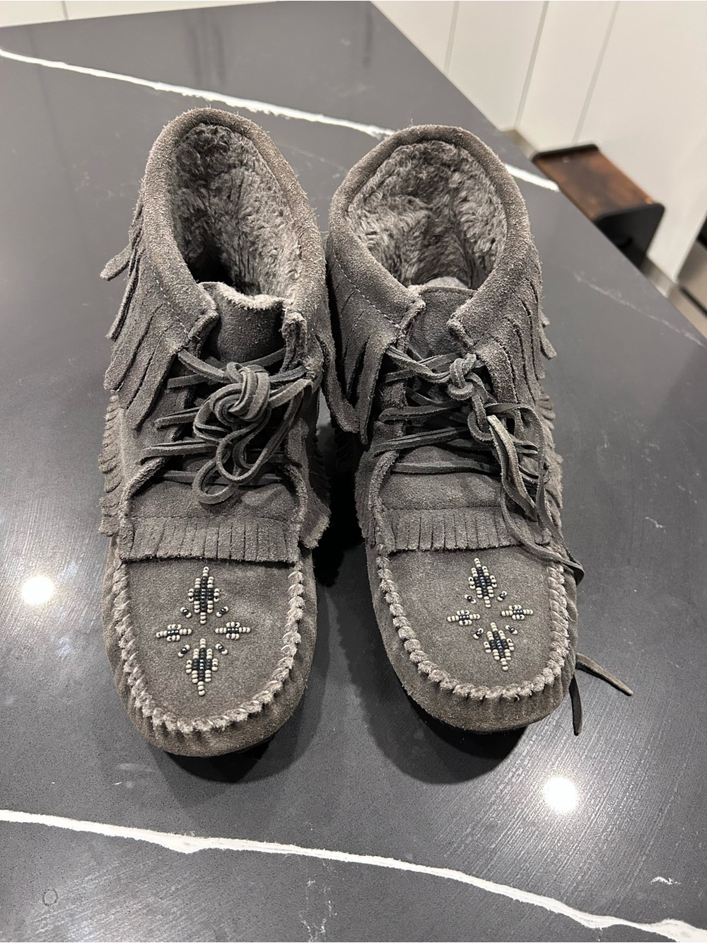 Manitobah Harvester Charcoal Grey Suede Fringe Lined Moccasin Boots Vibram Sole